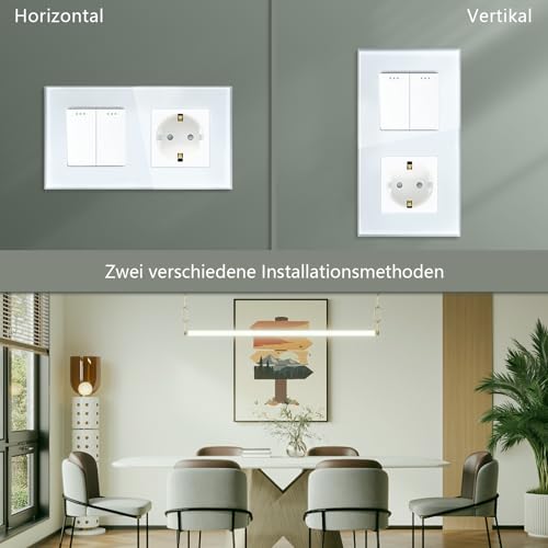 TAWOIA Lichtschalter mit Steckdose 2 Fach 1 Weg Glas Platte Unterputz Taste Schalter mit Schuko Steckdose 16 Amp 86 * 157mm Weiß Wechselschalter