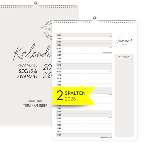 heaven+paper Paarplaner 2 Spalten Minimalistisches Design A4 - Kalender für zwei 2026 mit Feiertagen, Schulferien, Mond - Wandkalender Familienkalender (Cozy, 2 Spalten)
