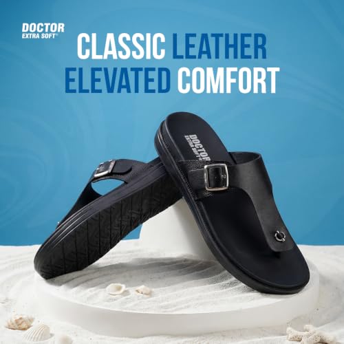 Image of DOCTOR EXTRA SOFT Men's Classic Casual Original Leather Thong Black /Brown Sandals /Chappals with Memory Foam Cushion| Stylish & Non-Slip|Comfortable & Lightweight |Flip flops Slippers Gents & Boys F-3