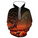 Personalisiertes Sweatshirt mit 3D-Grafik, Unisex Long Sleeves Hooded Sweatshirt, Segel Segelboot Und Fire Sea Pattern 3D Digitaldruck Pullover, Mode Cool Personality Outwear Big Pockets Lockere coole