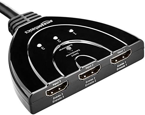 Amazon Basics Przełącznik HDMI z 3 portami i kablem pigtail, obsługuje Full HD, 4K/30 Hz, 3 in 1 out