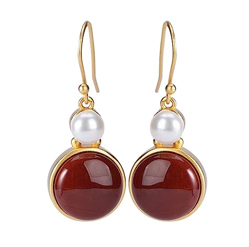 OXOAMP Hermoso Pendientes Plata de Ley 925 chapada en Oro con Incrustaciones de ágata roja del Sur Pendientes de Perlas Personalidad Moda Temperamento Moda