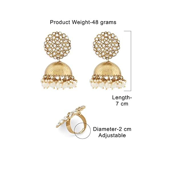ZAVERI PEARLS Antique Gold Tone Traditional Kundan Jhumki Earring & Ring Set For Women-ZPFK13163 - Image 8