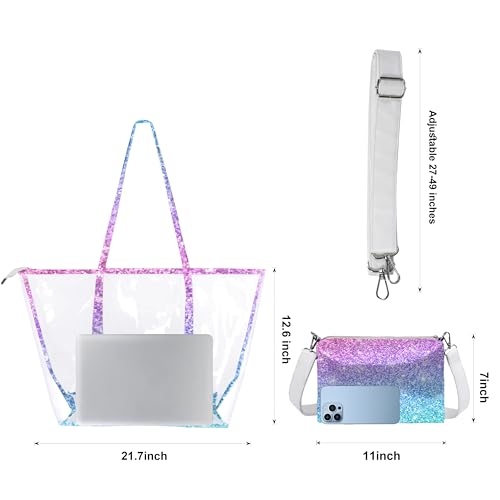 Large Clear Tote Bag for Women Stadium Approved Transparent Tote Bag Set with Shoulder Bag Heavy Duty Waterproof See Through Bag for Concert, Beach, Shopping Pink Teal Glitter Prints2