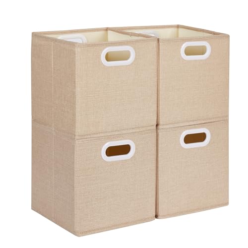Mangata Caja de almacenamiento de tela sin arrugas, 25 x 25 x 25 cm, para cestos de ropa, cestas, cofres, juguetes (4 unidades, color caqui claro)