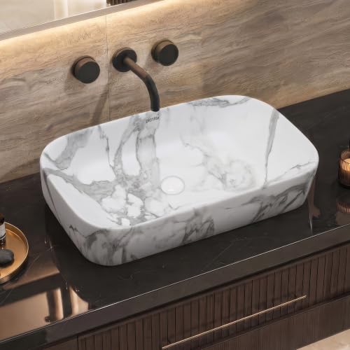Image of Plantex Ceramic Tabletop Washbasin for Bathroom /Designer Counter Top Hand Wash Basin /Rectangle Bathroom Sink for Home /Office (21.5x14x5 Inch -Marble Finish)