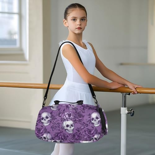 Travel Duffle Bag for Kids Boys Girls Purple Rose Skull Skeleton Sports Bag Overnighter Duffle Sleepover Weekender with Shoes Compartment2