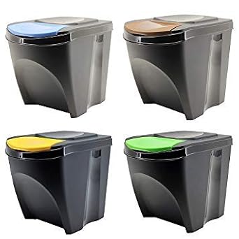 20 Litre Large Stackable Recycling Sorting Colour Coded Plastic Bins with Hinged Lids (4 x Black)