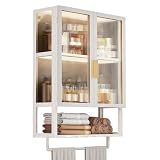 壁掛け収納キャビネット ウォールキャビネット トイレ収納ラック タオルバー付き 大容量 薄型 北欧風 収納棚 扉付き 吊り戸棚 壁面収納 簡単な組み立て おしゃれ バスルーム 洗面所 キッチン対応 (ホワイト,両開きドア、幅40cm)