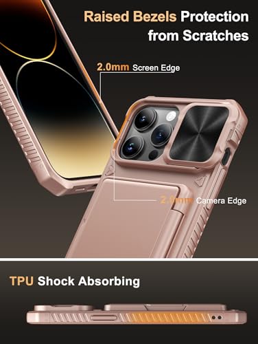 Image of Vihibii for iPhone 14 Pro Max Back Cover Wallet with Card Holder (4 Cards) [RFID Blocking] & Slide Camera Cover, Military Grade Drop Protection, Rugged Back & Silicone Edge Phone Case 6.7 inch, Rose Gold