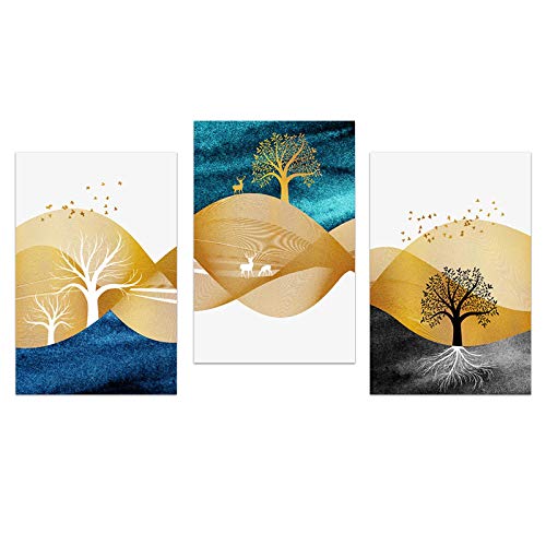 Toile élan doré arbre abstrait peinture paysage nordique affiche murale salon 50x70cm x3