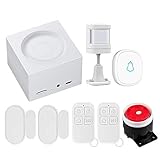 【WIFI Sensor alarmanlage】： 2,4-GHz-WLAN-Verbindung, Handy-App-Steuerung, konfigurierbarer drahtloser Infrarot-Bewegungsmelder, Tür- und Fenstersensoren, Sirene, Türklingel und Fernbedienung. Unterstützt 5 Gruppen von Einstellalarmen, um Anrufe zu tätigen und Anrufe zu tätigen. Der Hauptschalter ist im Notfall rechtzeitig auf Alarm eingestellt, um die Sicherheit des Hauses zu gewährleisten. Sie können bis zu 100 drahtlose Infrarot-Bewegungsmelder und 10 Fernbedienungen erlernen.