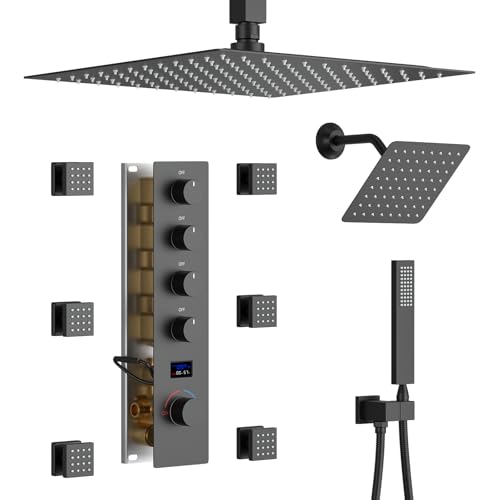 KATAIS Matte Black Shower System Digital Tempreature Display Thermostatic Shower Faucet Set with 12 inch Ceiling Mount and 8 inch Wall Mount Shower Head, with 6 PCS Body Jet and Handheld Spray
