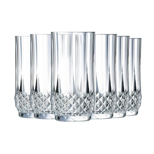 Cristal d'Arques Paris - Collection Longchamp - 6 Verres Hauts 28cl en Kwarx - Brillance, Transparence et Haute Résistance - Moulures Iconiques - Fabriqués...