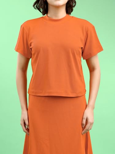 Image of PURVAJA Women's Short Sleeve Top with Skirt Solid Co-ords Set