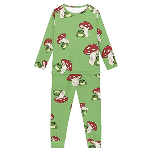 Howilath Mushroom Frog Green Designer Youth's Pajama Suit Comfy Sleepwear Long Sleeve Nightwear for Kids Boys Girls-5-6
