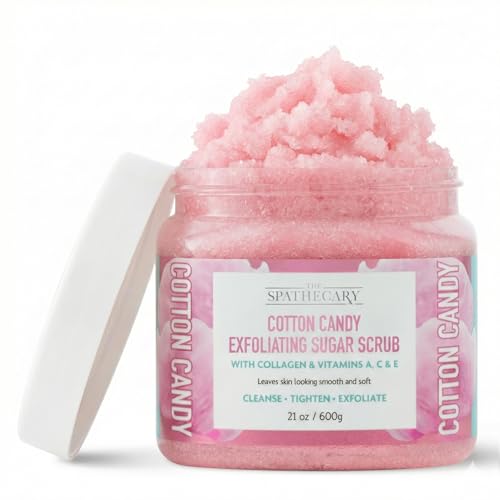 Image of Cotton Candy Sugar Scrub - Exfoliating & Hydrating Body Scrub With Collagen & Vitamin A,C, & E to Help Smooth, Soft & Nourish for Radiant Skin, Body Care Exfoliator & Cleanser, 21 oz