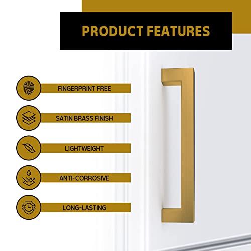 Mega Handles 12 Pack I Cabinet Pulls 5.5 Inch, Stainless Steel Cabinet Handle Pulls I Ideal For Kitchen Drawer, Cabinets, Door, Cupboard I Hardware For Cabinets - Hole Distance 5 Inch - Satin Brass #TOP3