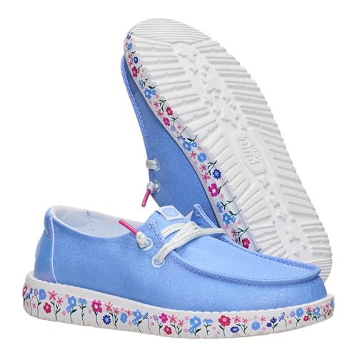 Image of HEYDUDE Girl's Youth Wendy Garden Floral Slip On Shoe | Skyway Blue /Multi | Lightweight Loafer with Elastic Laces
