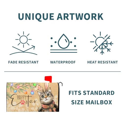 Image of Easter Cat Magnetic Mailbox Cover 25.5x21 Inch Cute Kitten with Bunny Ear Egg Hunt Mailbox Wrap Post Cover Large Size for Garden Yard Outdoor Outside Patio Holiday Waterproof Decor