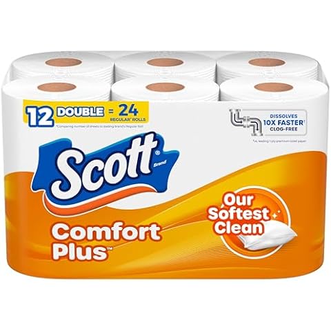 Scott ComfortPlus Toilet Paper, 12 Double Rolls, 231 Sheets per Roll, Septic-Safe, 1-Ply Toilet Tissue Cover