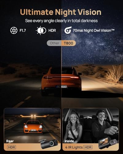 Image of 70mai 4K T800 3 Channel Dash Cam, Dash Cam Front and Rear Inside(2160P+1080P+1080P), STARVIS 2 IMX678 & IMX662, HDR Night Vision, WiFi 6, ADAS, Super-Capacitor, 24H Parking Mode, Upto 512GB Supported