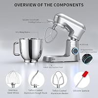 Küchenmaschine Rührmaschine 1300W Zurio 5.5L Knetmaschine Rührmaschine 10-Gang-Roboter-Knetmaschine mit Leiser Gärfunktion, mit Zubehör Knethaken, Schneebesen, Kneter Silber – Ansicht 6