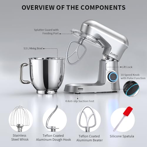 Miniatura 6 de Zurio Batidora Amasadora 1300w, Amasadora De Pan Para Repostería 5.5l, Bol De Acero Inoxidable, Varillas Batidoras, Varillas Amasadoras