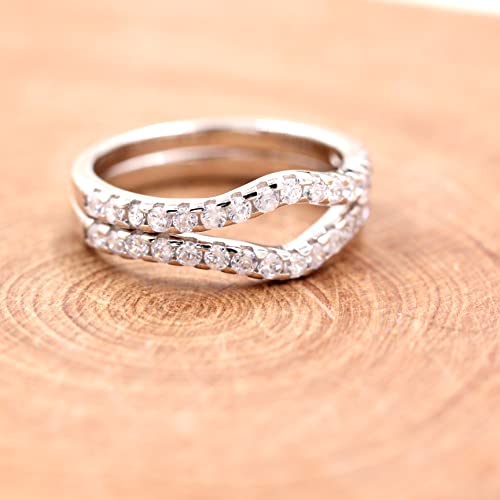 Uloveido 925 Sterling Silver Round Cz Pave Wedding Anniversart Eternity Band Ring Guard Enhancer 2Pcs V Shape Stack Rings Set Y2469 (Size 7) #TOP3