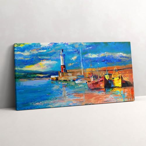 Tableau photo sur toile phare et bateaux grand format 100x50cm peinture