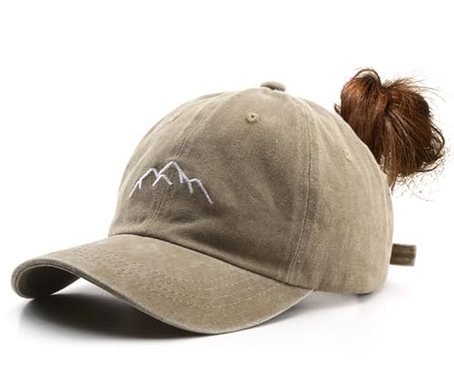 YULOONG Mujer cuela de Caballo Gorra de béisbol montaña Bordado Retro algodón Gorra Deportiva Ajustable Caqui
