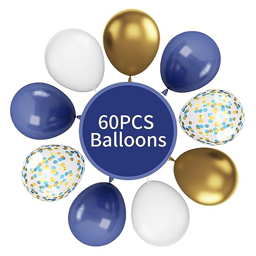 Image of Navy Blue and Gold Balloons, 60Pcs Night Blue Gold Balloons, 12 Inch Metallic Gold Blue Confetti Balloons White Latex Balloons for Boys Birthday Baby Shower Wedding Graduation Party Decorations