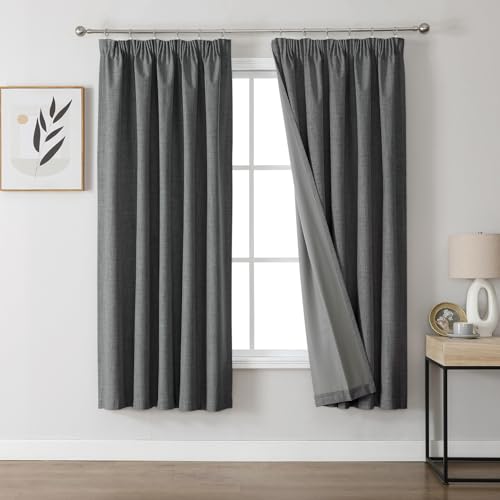 Joydeco Cortinas Térmicas Aislantes Frío y Calor 2 Piezas 117x137 cm, 100% Cortinas Dormitorio Salon Opacas Aspecto Lino con Cinta Fruncidora, Blackout Curtains para Riel de Techo, Gris Oscuro