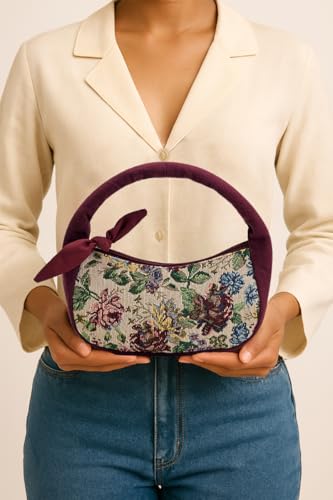Image of Boho Girl Indigo Blossom Tote Bag - Navy Blue Floral Handbag for Women with Embroidered Flowers, Padded Handle & Ribbon Detail - Chic Shoulder Bag for Travel, Brunch