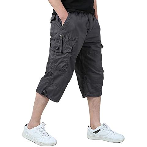 KEFITEVD Männer Shorts Kurz Hose Herren Cargo Taschen Stoffhose 3/4 Lang Trekkinghose Militär Shorts Strandhose Ausflug Reisen Grau EU 34, CN 2XL Cover