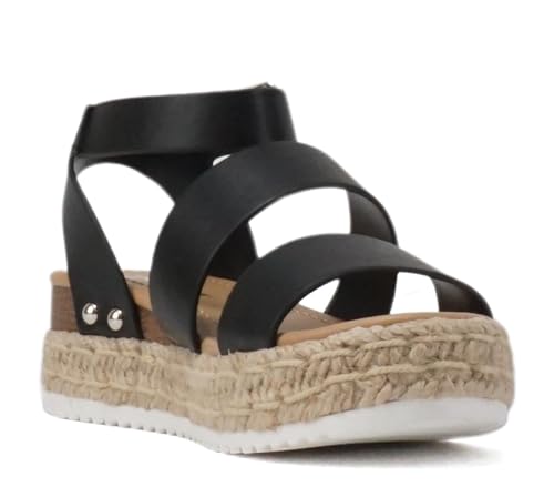 Image of Soda BRYCE-2 Kids /Children /Girls Open Toe Two Bands Espadrille Jute Platform Wedge Casual Fashion Flatform Sandals with Buckle Ankle Strap