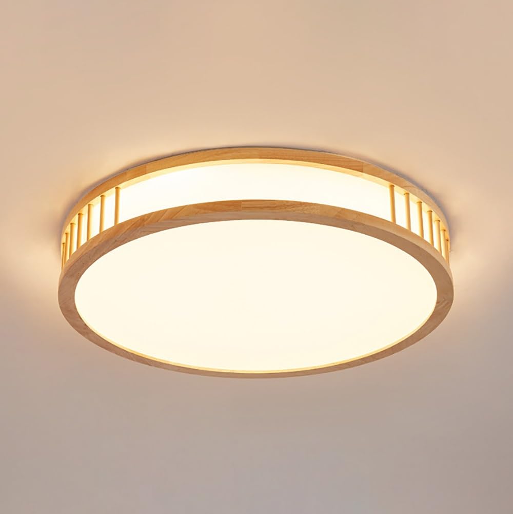 Okrągła Drewniana Lampy Sufitowa LED, Japoński Plafon z Ażurowymi Listwami Oświetlenie Sufitowe Ściemniane do Sypialni Salonu(3 modes,60cm/23.62in)