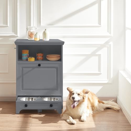 Roomfitters Modern Dog Feeder Station Furniture with 2 Raised Dog Bowls, Pet Food Storage Container, Pull Out Pet Food Cabinet, Grey - Thumbnail 5