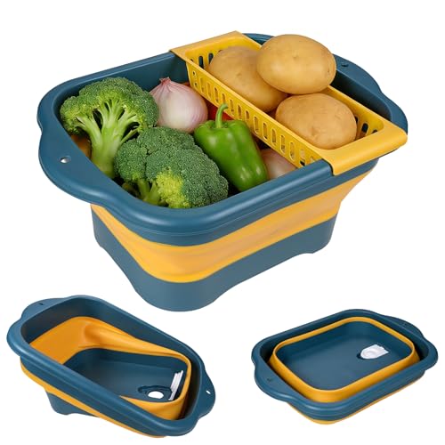2nd Gen Collapsible Wash Basin for Baby Bottle Washer, 2.4 Gallons Portable Dish Pan Bucket for Camping Kitchen Sink (Blue, 1 Pack)