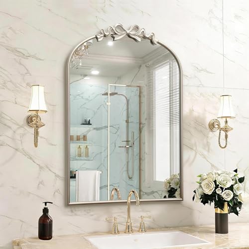 Image of Besdomus Vintage Arched Gold Mirror: 24x36 Large Silver Bow Vanity Mirror | French Antique Baroque Metal Framed - Traditional Ornate for Bathroom /Entryway /Bedroom - Ideal for Master Bath Renovations