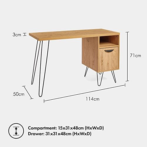 VonHaus Oak Effect Desk - Workstation Dressing Table w/ 1 Cupboard, 1 Shelf & Large Top Surface - Minimalist Scandi w/Black Hairpin Metal Legs & Handles - for Home Office, Study & Bedroom - Capri
