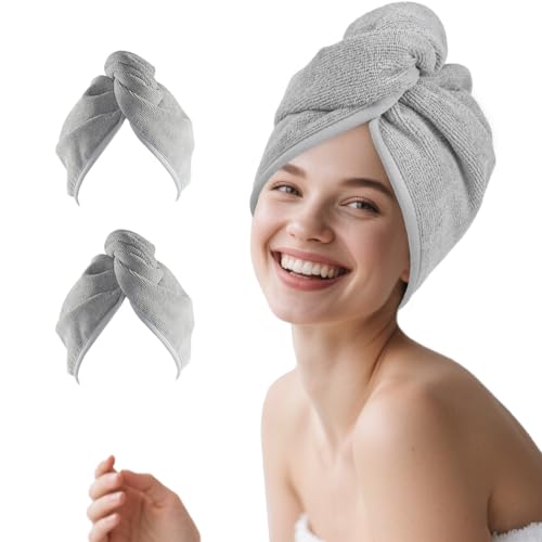 Poyday Mikrofaser-Haarhandtuch: 2 Stück super saugfähig Anti-Frizz-Turban Frottee für Damen und Mädchen langes nasses lockiges Haar