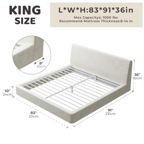 Image of RECCI AirFrame King Size Bed Frame with Ergonomic Angled Headboard, 360 Cushioned Platform Bed Frame, Low Profile Minimalist Soft-Frame Bed, No Box Spring Needed, Easy Assembly, Beige Chenille