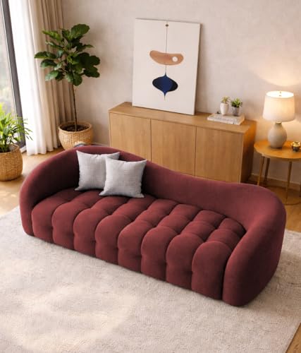 Image of Casaliving Ariana Modern Premium Boucle Fabric Sofa, Upholstered 3 Seater Sofa Set for Living Room, (Maroon Colour) Premium Boucle Fabric Sofa