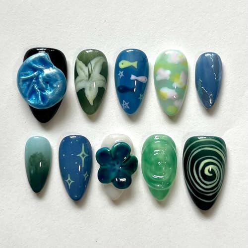 Custom Freestyle Marine Press On Nails, Soft Gel Almond Nails,