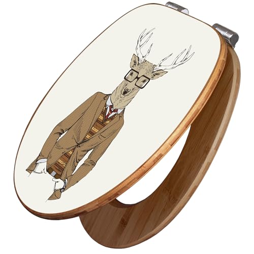 banjado Design WC Sitz Bambus Absenkautomatik 45,8x37,5cm / Toilettendeckel mit Absenkautomatik Holz/hochwertiger Bambus Klodeckel/WC-Sitz für gängigen Toiletten/Motiv Doktor Hirsch