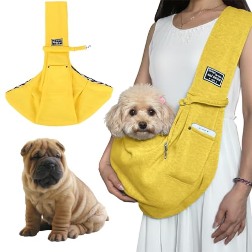 Lifetips シャーペイ(Shar Pei) ペットスリング 犬猫兼用 ショルダーキャリー 軽量 通気 洗える 調節可能 クッション付き 収納ポケット 斜め掛け アウトドア 11色展開 小型犬 中型犬 ペット用キャリーバッグ (イエロー)
