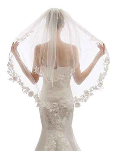 Elawbty Womens 2 Tier Fingertip Length Short Lace Wedding Bridal Veil With Comb X23 Ivory #TOP1