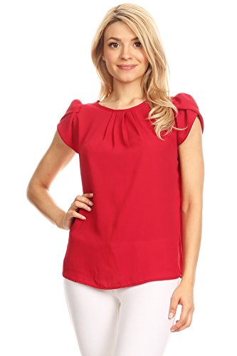 VIA Jay women'sBasic Casual Simple Short Puff Sleeve Relaxed Blouse TOP (Small, Cherry)