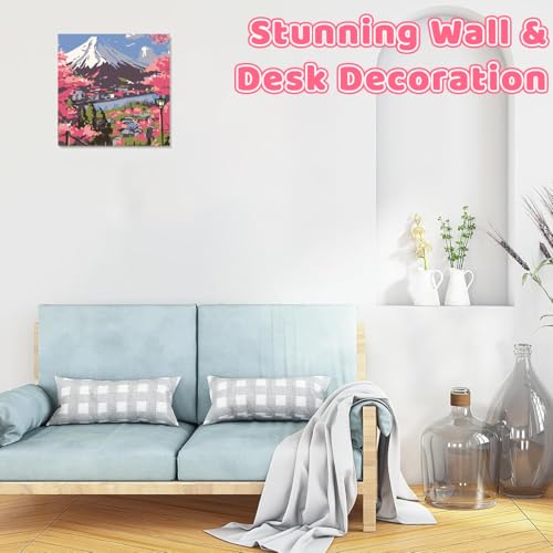 Image of HASTHIP DIY Paint by Numbers Kit for Adults & Kids, Mount Fuji Cherry Blossom Landscape Painting on Canvas, Beginner-Friendly Acrylic Painting Set with Brushes & Numbered Pigments, 20x20cm